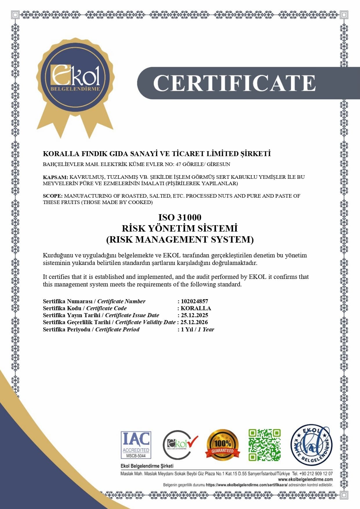 ISO 31000 Risk Yönetimi belgesi