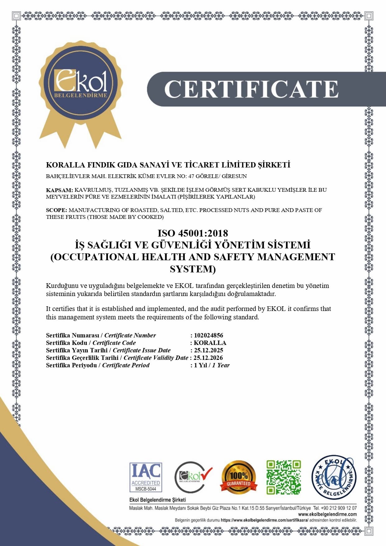 ISO 45001 İş Sağlığı ve Güvenliği belgesi